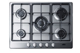 5-burner gas cooktop made in Italy in a stainless steel finish with sealed burners, cast iron grates, and wok stand; fit