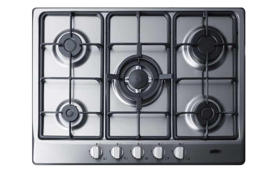 5-burner gas cooktop made in Italy in a stainless steel finish with sealed burners, cast iron grates, and wok stand; fit