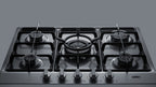 5-burner gas cooktop made in Italy in a stainless steel finish with sealed burners, cast iron grates, and wok stand; fit