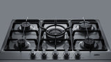 5-burner gas cooktop made in Italy in a stainless steel finish with sealed burners, cast iron grates, and wok stand; fit