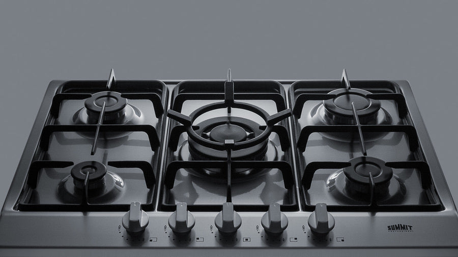 5-burner gas cooktop made in Italy in a stainless steel finish with sealed burners, cast iron grates, and wok stand; fit
