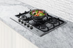 5-burner gas cooktop made in Italy in a stainless steel finish with sealed burners, cast iron grates, and wok stand; fit