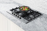 5-burner gas cooktop made in Italy in a stainless steel finish with sealed burners, cast iron grates, and wok stand; fit