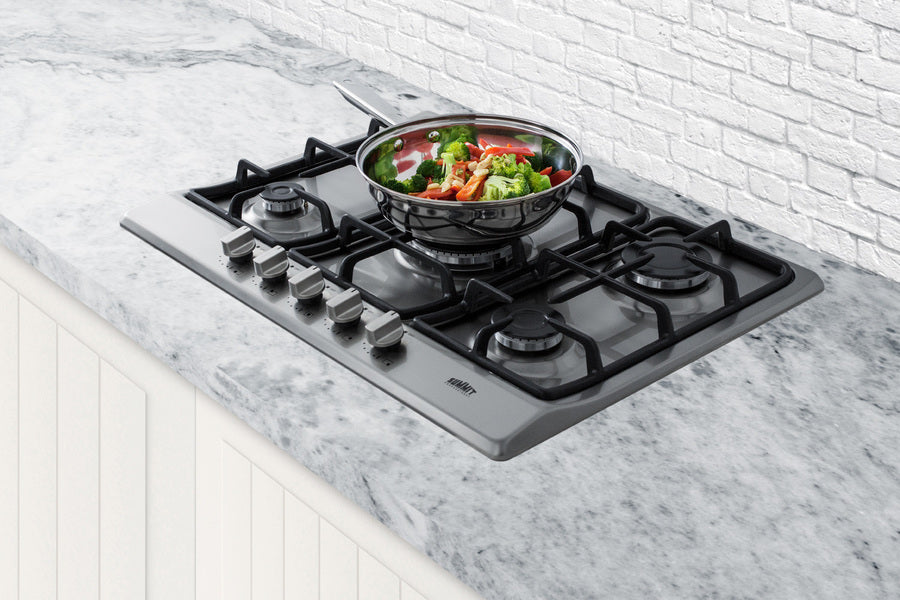5-burner gas cooktop made in Italy in a stainless steel finish with sealed burners, cast iron grates, and wok stand; fit