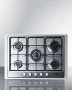 5-burner gas cooktop made in Italy in a stainless steel finish with sealed burners, cast iron grates, and wok stand; fit