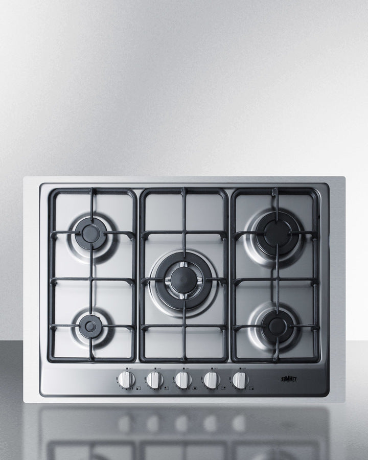 5-burner gas cooktop made in Italy in a stainless steel finish with sealed burners, cast iron grates, and wok stand; fit