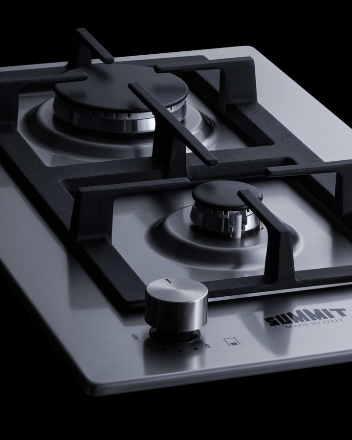 Accucold 2-burner LP gas cooktop made in Italy in stainless steel with cast iron grates