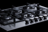 Accucold 30" wide 5-burner gas cooktop made in Italy in stainless steel with sealed dual flame burner, cast iron grates, and wok