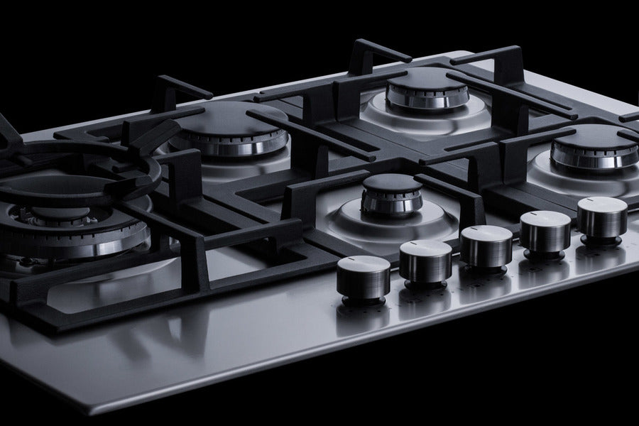 Accucold 30" wide 5-burner gas cooktop made in Italy in stainless steel with sealed dual flame burner, cast iron grates, and wok