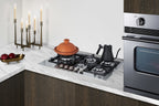 Accucold 30" wide 5-burner gas cooktop made in Italy in stainless steel with sealed dual flame burner, cast iron grates, and wok