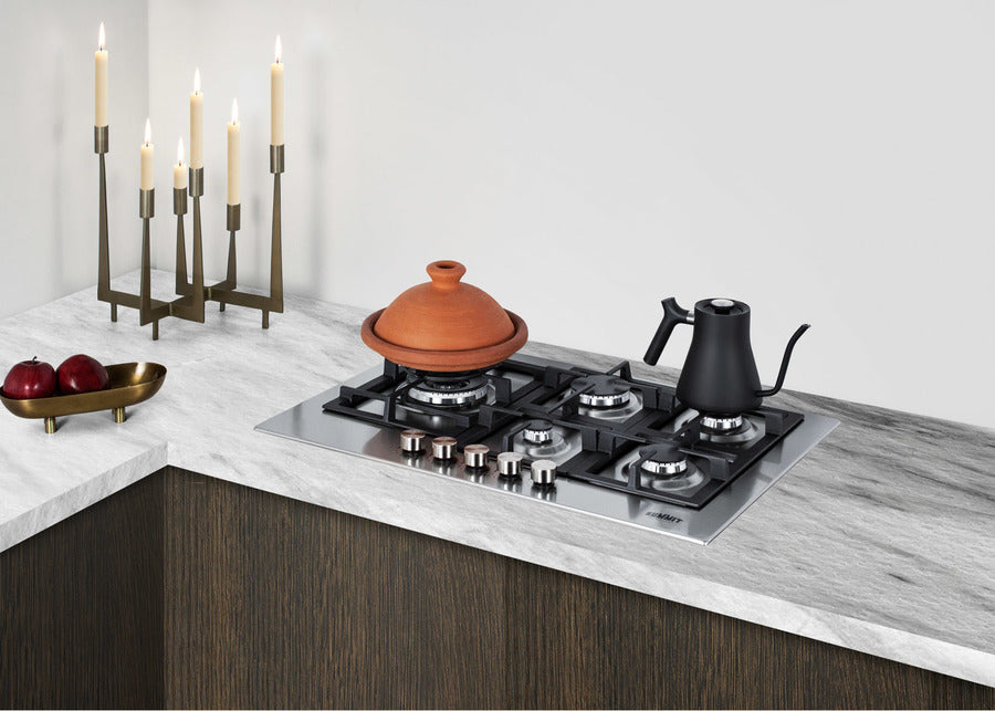 Accucold 30" wide 5-burner gas cooktop made in Italy in stainless steel with sealed dual flame burner, cast iron grates, and wok