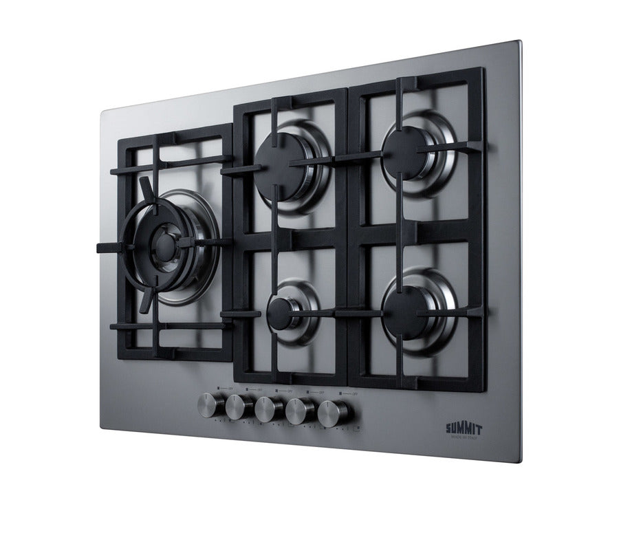Accucold 30" wide 5-burner gas cooktop made in Italy in stainless steel with sealed dual flame burner, cast iron grates, and wok