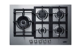 Accucold 30" wide 5-burner gas cooktop made in Italy in stainless steel with sealed dual flame burner, cast iron grates, and wok