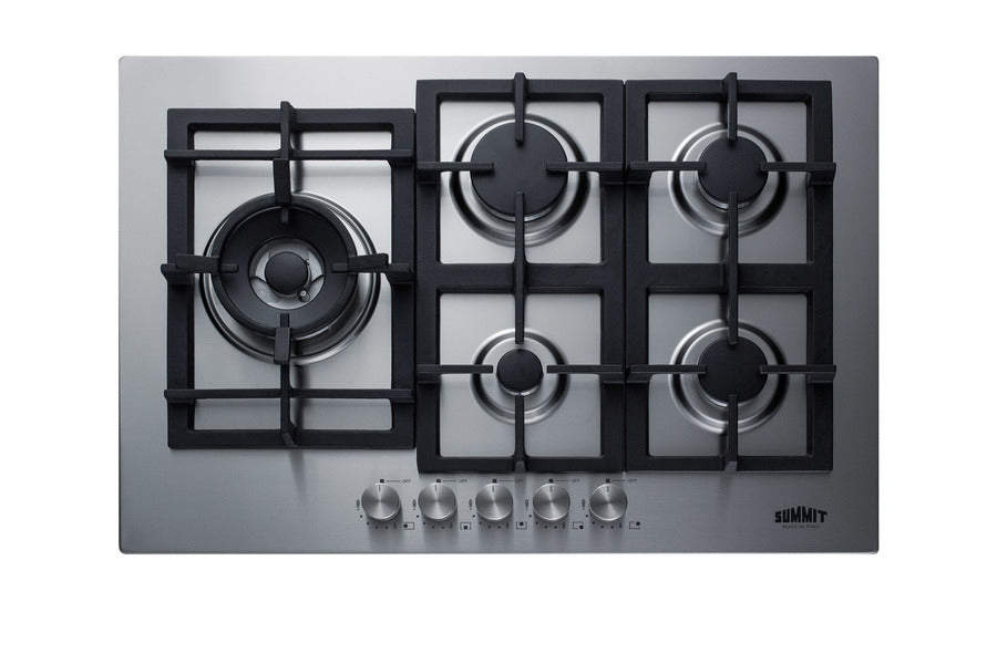 Accucold 30" wide 5-burner gas cooktop made in Italy in stainless steel with sealed dual flame burner, cast iron grates, and wok