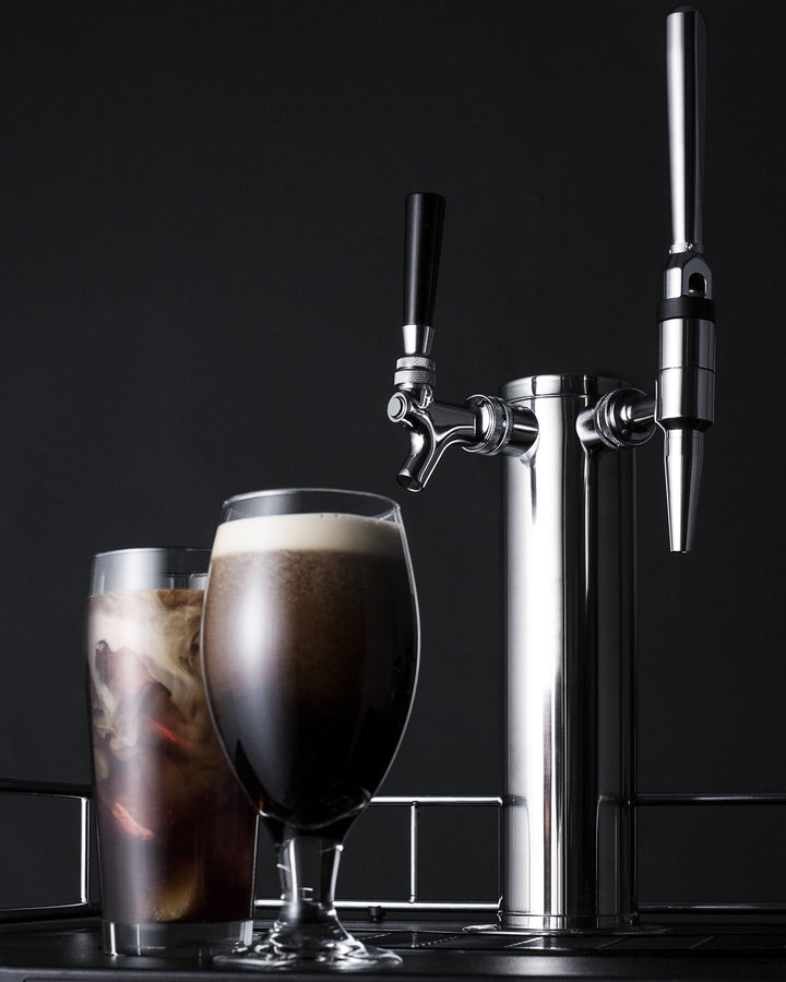 Accucold Dual tap system with nitrogen tank to serve both nitro-infused coffee and flat iced coffee from most beer dispensers