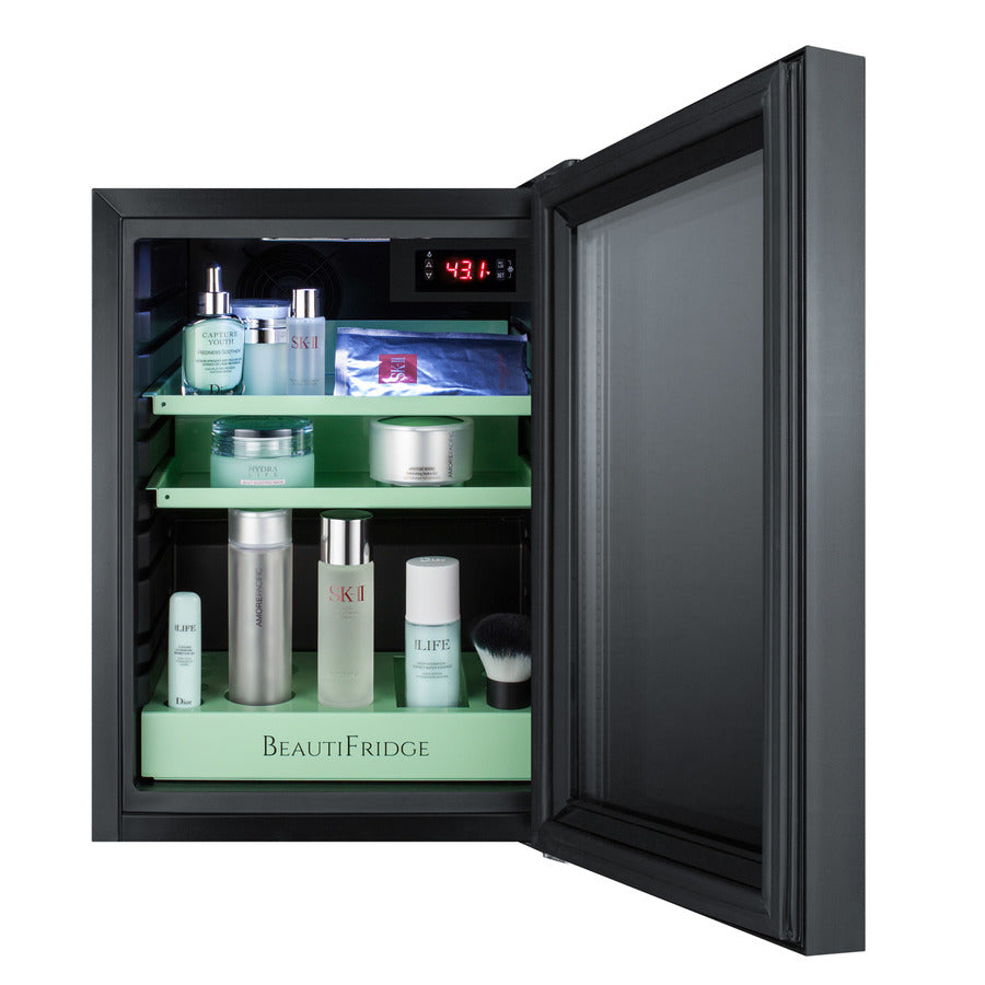Accucold BeautiFridge cosmetics refrigerator with mint shelving and tinted glass door (Model LX114LGT1)