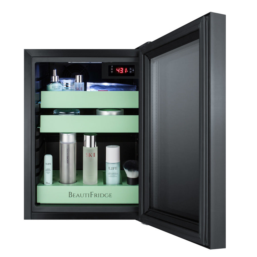 Accucold BeautiFridge cosmetics refrigerator with mint shelving and tinted glass door (Model LX114LGT1)