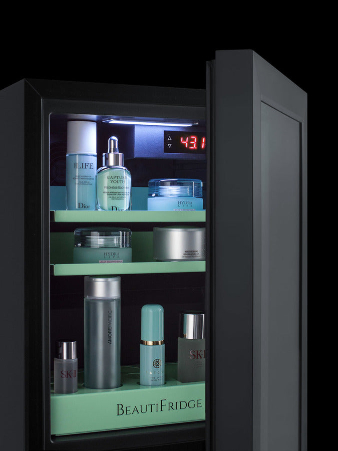 Accucold BeautiFridge cosmetics refrigerator with mint shelving and glass door (Model LX114LGLHD)