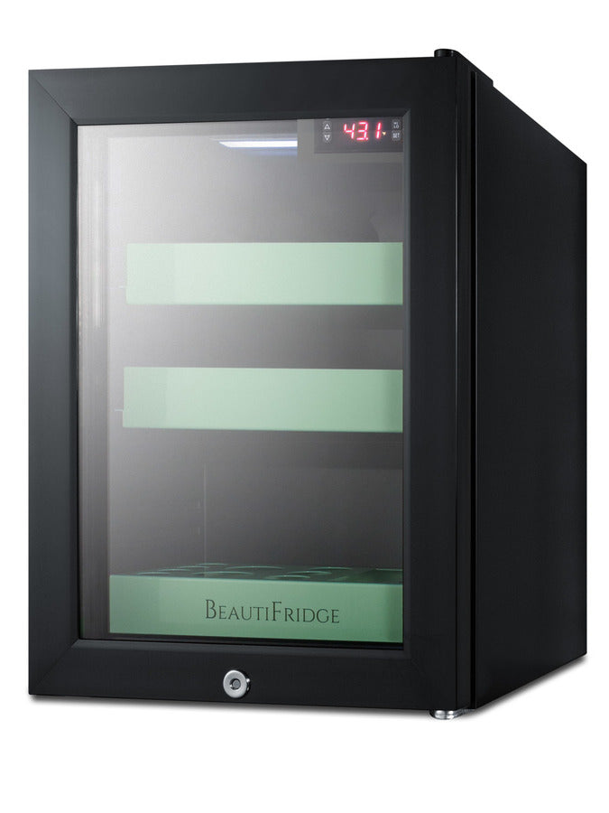 Accucold BeautiFridge cosmetics refrigerator with mint shelving and glass door (Model LX114LGLHD)