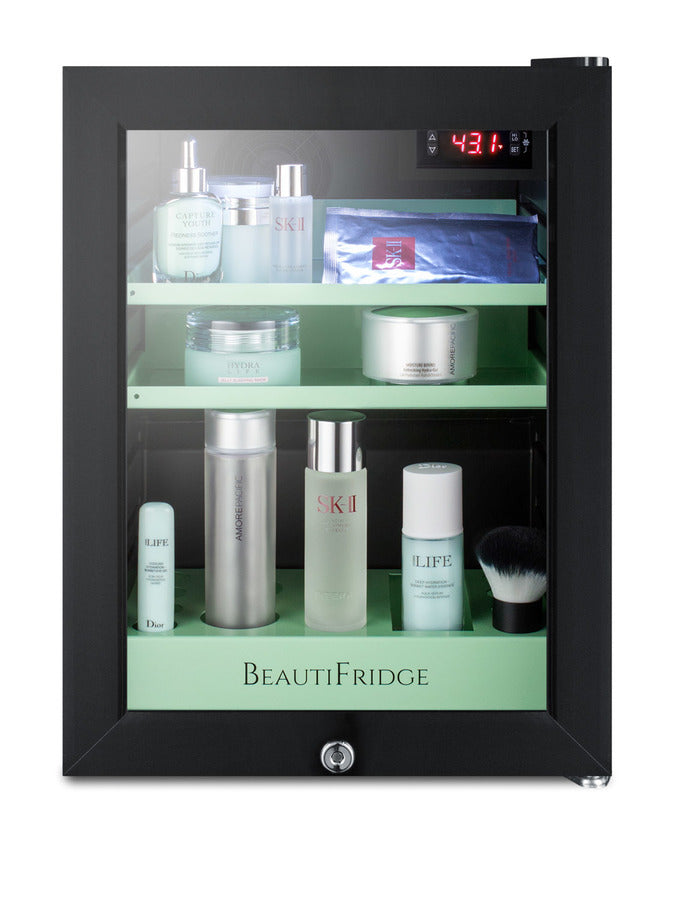 Accucold BeautiFridge cosmetics refrigerator with mint shelving and glass door (Model LX114LGLHD)