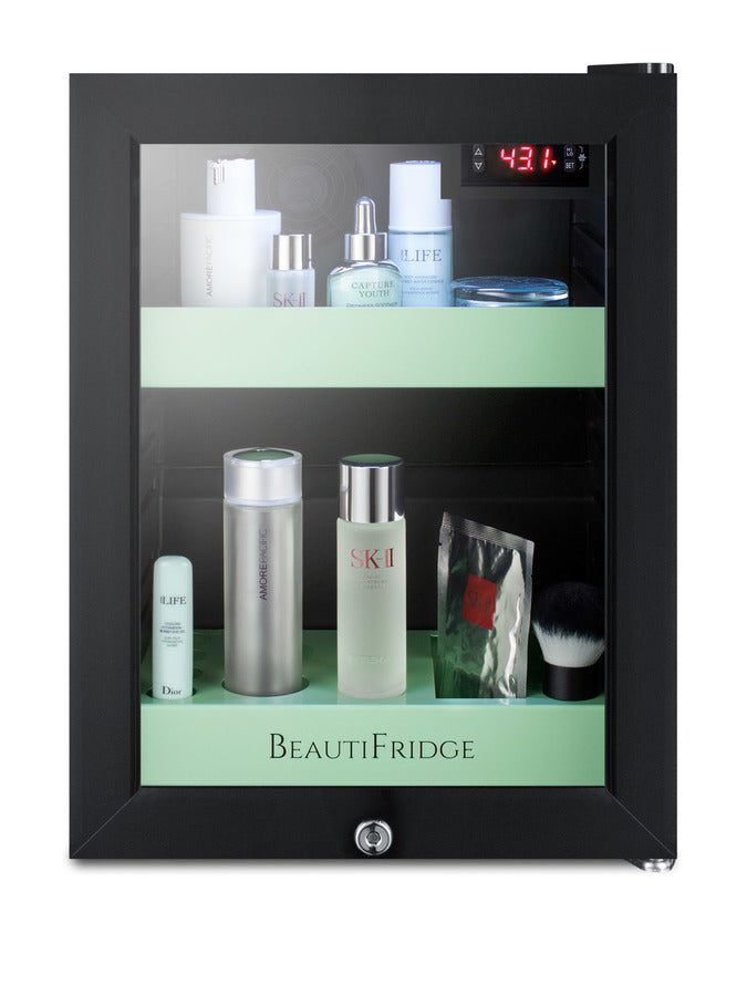Accucold BeautiFridge cosmetics refrigerator with mint shelving and glass door (Model LX114LGLHD)