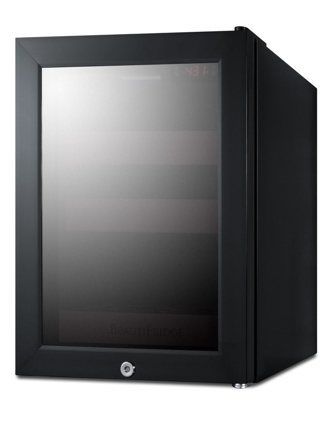 Accucold BeautiFridge cosmetics refrigerator with pink shelving and tinted glass door (Model LX114LPT1LHD)