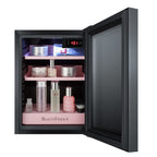 Accucold BeautiFridge cosmetics refrigerator with pink shelving and tinted glass door (Model LX114LPT1LHD)