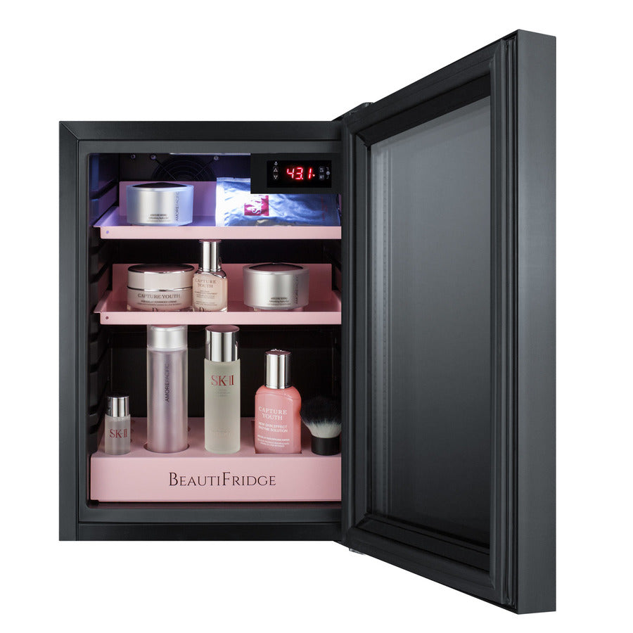 Accucold BeautiFridge cosmetics refrigerator with pink shelving and tinted glass door (Model LX114LPT1LHD)