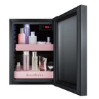 Accucold BeautiFridge cosmetics refrigerator with pink shelving and tinted glass door (Model LX114LPT1LHD)
