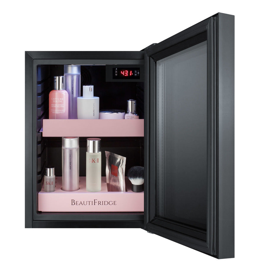Accucold BeautiFridge cosmetics refrigerator with pink shelving and tinted glass door (Model LX114LPT1LHD)