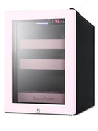 BeautiFridge cosmetics refrigerator with pink shelving and pink trimmed glass door (Model LX114LPTP)