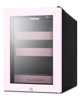 BeautiFridge cosmetics refrigerator with pink shelving and pink trimmed glass door (Model LX114LPTP)