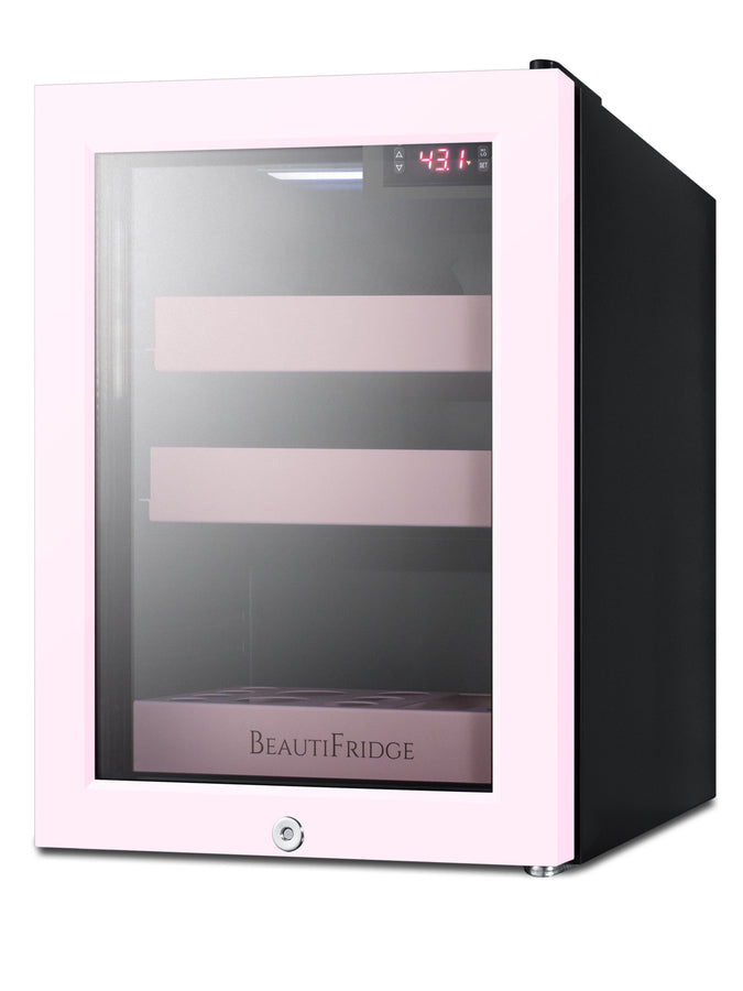 BeautiFridge cosmetics refrigerator with pink shelving and pink trimmed glass door (Model LX114LPTP)