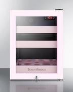BeautiFridge cosmetics refrigerator with pink shelving and pink trimmed glass door (Model LX114LPTP)