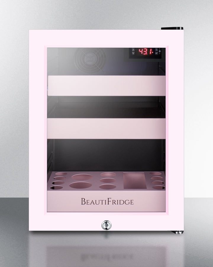 BeautiFridge cosmetics refrigerator with pink shelving and pink trimmed glass door (Model LX114LPTP)