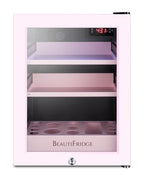BeautiFridge cosmetics refrigerator with pink shelving and pink trimmed glass door (Model LX114LPTP)