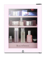 BeautiFridge cosmetics refrigerator with pink shelving and pink trimmed glass door (Model LX114LPTP)