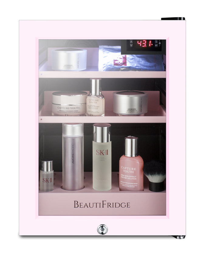 BeautiFridge cosmetics refrigerator with pink shelving and pink trimmed glass door (Model LX114LPTP)