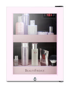 BeautiFridge cosmetics refrigerator with pink shelving and pink trimmed glass door (Model LX114LPTP)