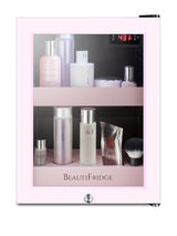 BeautiFridge cosmetics refrigerator with pink shelving and pink trimmed glass door (Model LX114LPTP)