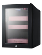 BeautiFridge cosmetics refrigerator with pink shelving and glass door (Model LX114LPLHD)