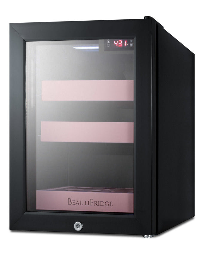 BeautiFridge cosmetics refrigerator with pink shelving and glass door (Model LX114LPLHD)
