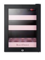 BeautiFridge cosmetics refrigerator with pink shelving and glass door (Model LX114LPLHD)