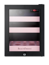 BeautiFridge cosmetics refrigerator with pink shelving and glass door (Model LX114LPLHD)