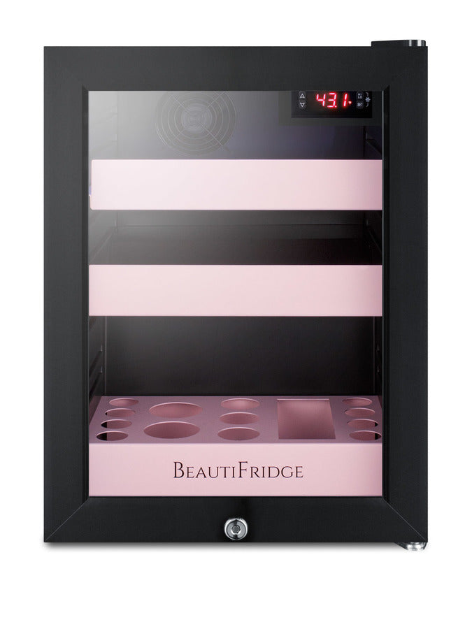 BeautiFridge cosmetics refrigerator with pink shelving and glass door (Model LX114LPLHD)
