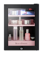 BeautiFridge cosmetics refrigerator with pink shelving and glass door (Model LX114LPLHD)