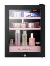BeautiFridge cosmetics refrigerator with pink shelving and glass door (Model LX114LPLHD)