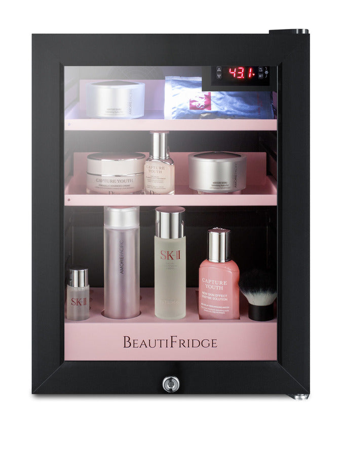 BeautiFridge cosmetics refrigerator with pink shelving and glass door (Model LX114LPLHD)