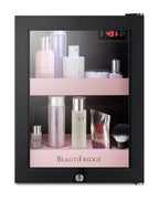 BeautiFridge cosmetics refrigerator with pink shelving and glass door (Model LX114LPLHD)