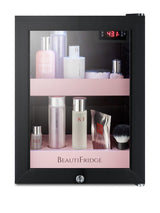 BeautiFridge cosmetics refrigerator with pink shelving and glass door (Model LX114LPLHD)